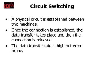 Circuit Switching

•   A physical circuit is established between
    two machines.
•   Once the connection is established, the
    data transfer takes place and then the
    connection is released.
•   The data transfer rate is high but error
    prone.
 