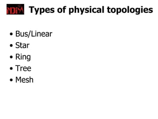Types of physical topologies

• Bus/Linear
• Star
• Ring
• Tree
• Mesh
 