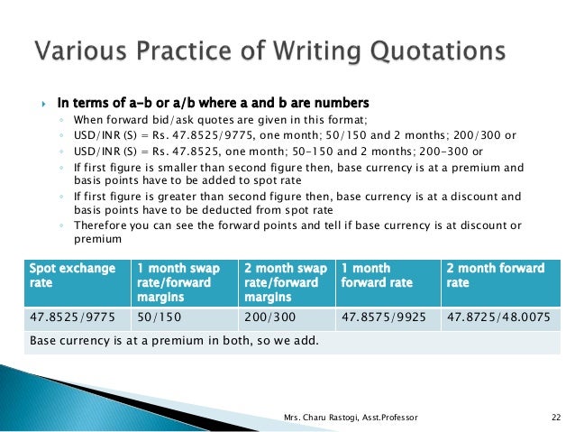 The forex market consists of spot forward and discount markets