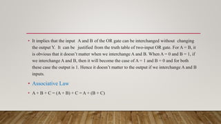 • It implies that the input A and B of the OR gate can be interchanged without changing
the output Y. It can be justified from the truth table of two-input OR gate. For A = B, it
is obvious that it doesn’t matter when we interchange A and B. When A = 0 and B = 1, if
we interchange A and B, then it will become the case of A = 1 and B = 0 and for both
these case the output is 1. Hence it doesn’t matter to the output if we interchange A and B
inputs.
• Associative Law
• A + B + C = (A + B) + C = A + (B + C)
 