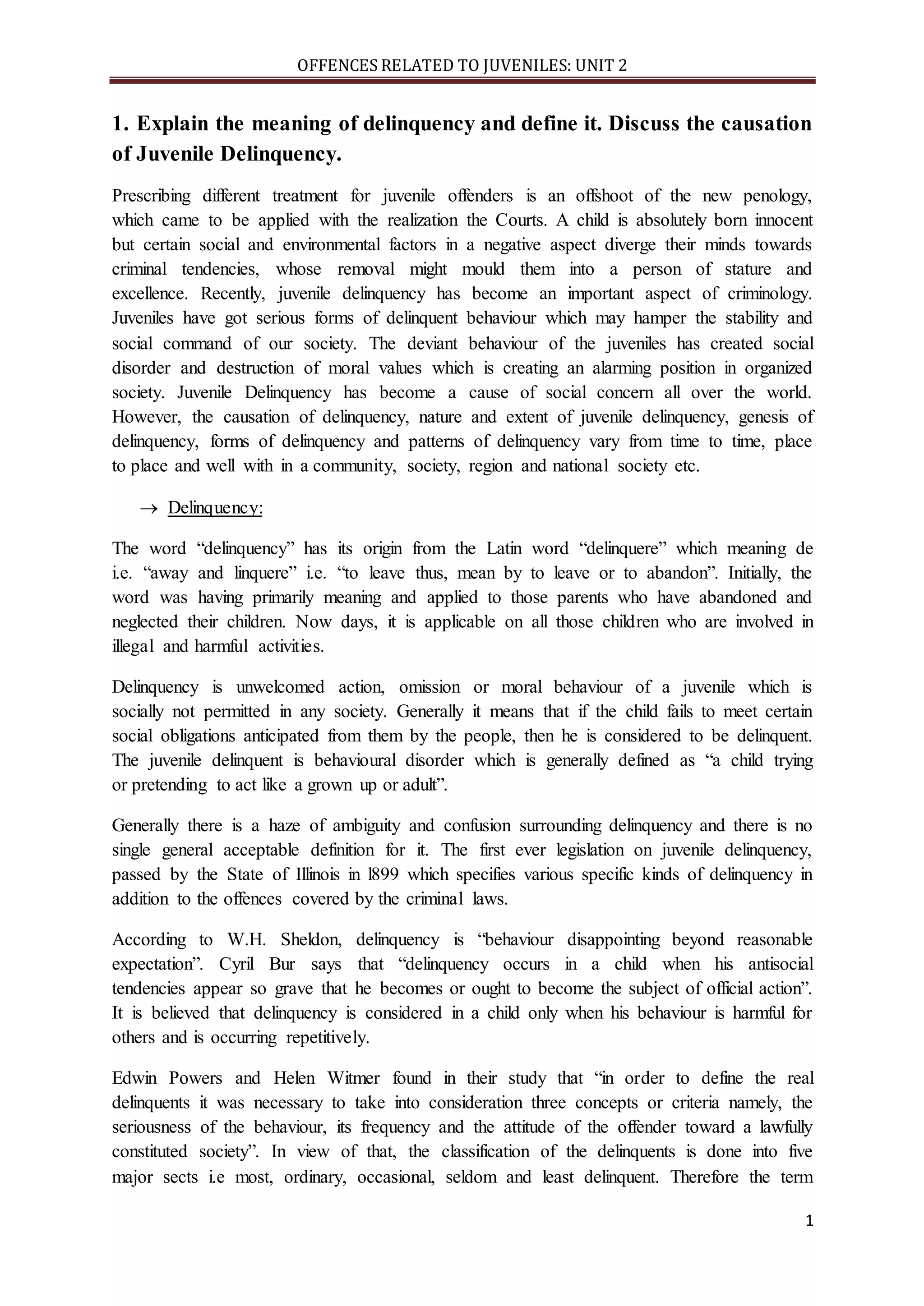 Meaning and causes of juvenile delinquency | DOCX