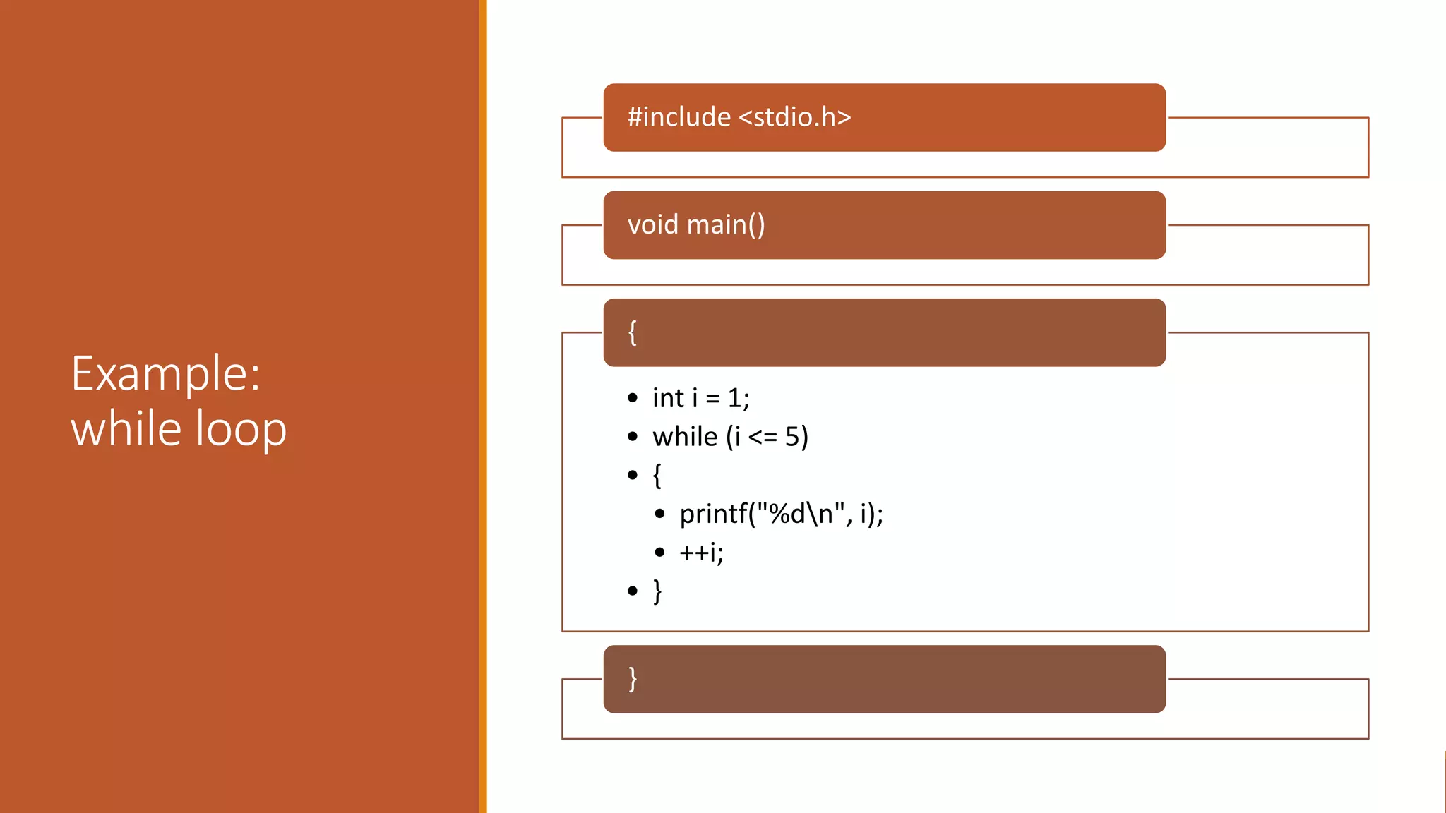 Example:
while loop
#include <stdio.h>
void main()
• int i = 1;
• while (i <= 5)
• {
• printf("%dn", i);
• ++i;
• }
{
}
 
