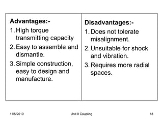 Advantages:-
1.High torque
transmitting capacity
2.Easy to assemble and
dismantle.
3.Simple construction,
easy to design and
manufacture.
Disadvantages:-
1.Does not tolerate
misalignment.
2.Unsuitable for shock
and vibration.
3.Requires more radial
spaces.
Unit II Coupling 1811/5/2019
 
