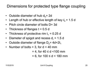Unit II Coupling 20
Dimensions for protected type flange coupling
• Outside diameter of hub dh= 2d
• Length of hub or effective length of key lh = 1.5 d
• Pitch circle diameter of bolts D= 3d
• Thickness of flanges t = 0.5 d
• Thickness of protective rim t1 = 0.25 d
• Diameter of spigot and recess dr = 1.5 d
• Outside diameter of flange Do= 4d+2t1
• Number of bolts = 3, for d < 40 mm
= 4, for 40 ≤ d <100 mm
= 6, for 100 ≤ d < 180 mm
11/5/2019
 