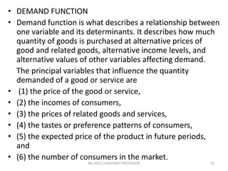 • DEMAND FUNCTION
• Demand function is what describes a relationship between
one variable and its determinants. It describes how much
quantity of goods is purchased at alternative prices of
good and related goods, alternative income levels, and
alternative values of other variables affecting demand.
The principal variables that influence the quantity
demanded of a good or service are
• (1) the price of the good or service,
• (2) the incomes of consumers,
• (3) the prices of related goods and services,
• (4) the tastes or preference patterns of consumers,
• (5) the expected price of the product in future periods,
and
• (6) the number of consumers in the market.
15Ms.JISSY.C ASSISTANT PROFESSOR
 