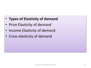 • Types of Elasticity of demand
• Price Elasticity of demand
• Income Elasticity of demand
• Cross elasticity of demand
Ms.JISSY.C ASSISTANT PROFESSOR 23
 