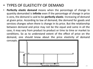 • TYPES OF ELASTICITY OF DEMAND
• Perfectly elastic demand means when the percentage of change in
quantity demanded is infinite even if the percentage of change in price
is zero, the demand is said to be perfectly elastic. Increasing of demand
at given price. According to law of demand, the demand for goods and
services changes when there is change in its price. But the relationship
between demand and price may not be the equal and same in all the
case, it may vary from product to product or time to time or market to
conditions. So as to understand extent of the effect of price on the
demand, one should know about the price elasticity of demand
concepts.
24Ms.JISSY.C ASSISTANT PROFESSOR
 