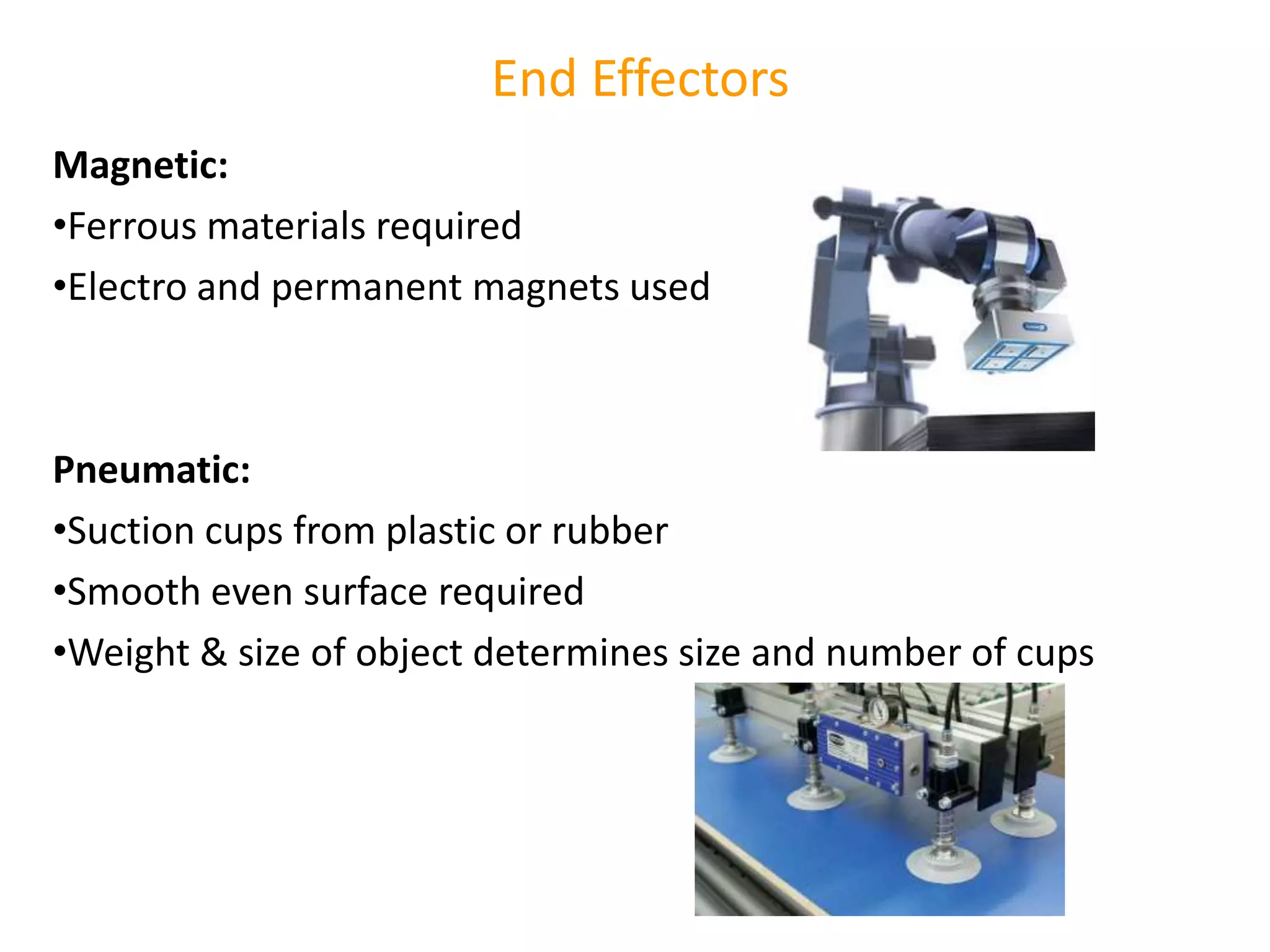 End Effectors
Magnetic:
•Ferrous materials required
•Electro and permanent magnets used
Pneumatic:
•Suction cups from plastic or rubber
•Smooth even surface required
•Weight & size of object determines size and number of cups
 