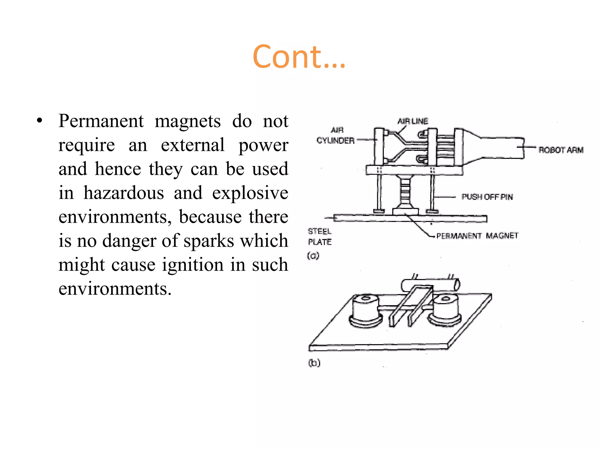 Cont…
• Permanent magnets do not
require an external power
and hence they can be used
in hazardous and explosive
environments, because there
is no danger of sparks which
might cause ignition in such
environments.
 