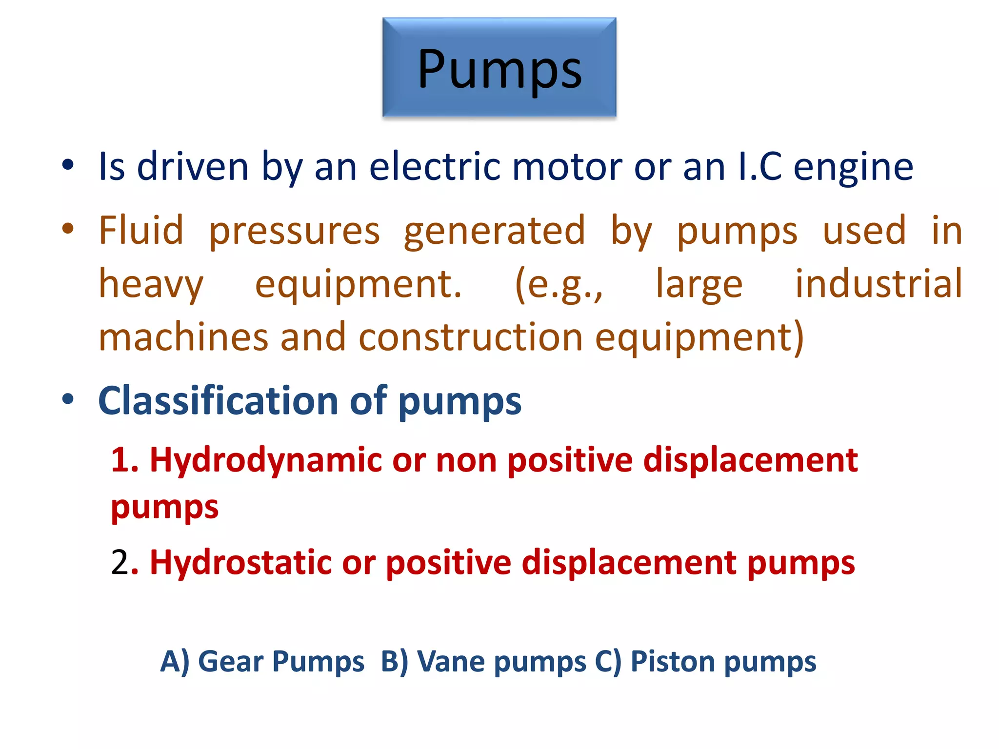 Pumps
• Is driven by an electric motor or an I.C engine
• Fluid pressures generated by pumps used in
heavy equipment. (e.g., large industrial
machines and construction equipment)
• Classification of pumps
1. Hydrodynamic or non positive displacement
pumps
2. Hydrostatic or positive displacement pumps
A) Gear Pumps B) Vane pumps C) Piston pumps
 