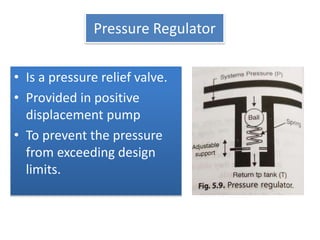 Pressure Regulator
• Is a pressure relief valve.
• Provided in positive
displacement pump
• To prevent the pressure
from exceeding design
limits.
 