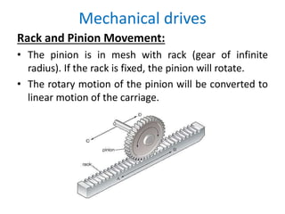 Mechanical drives
Rack and Pinion Movement:
• The pinion is in mesh with rack (gear of infinite
radius). If the rack is fixed, the pinion will rotate.
• The rotary motion of the pinion will be converted to
linear motion of the carriage.
 
