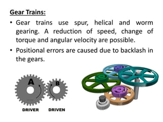 Gear Trains:
• Gear trains use spur, helical and worm
gearing. A reduction of speed, change of
torque and angular velocity are possible.
• Positional errors are caused due to backlash in
the gears.
 