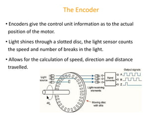 The Encoder
• Encoders give the control unit information as to the actual
position of the motor.
• Light shines through a slotted disc, the light sensor counts
the speed and number of breaks in the light.
• Allows for the calculation of speed, direction and distance
travelled.
 