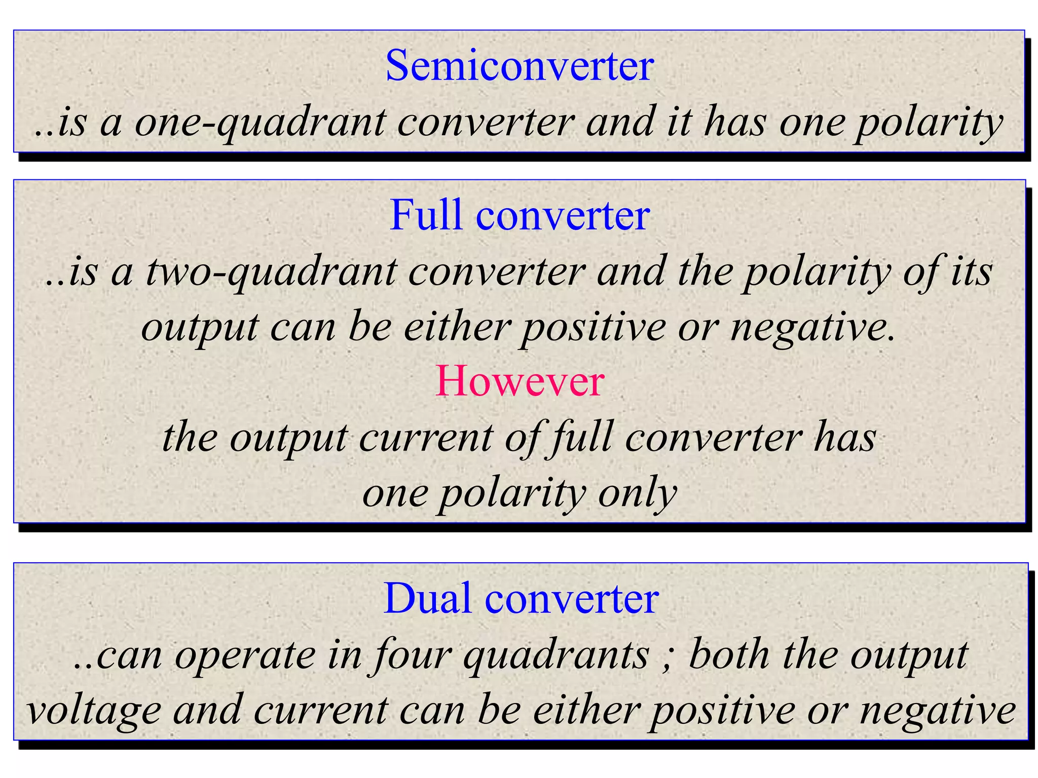 Semiconverter
..is a one-quadrant converter and it has one polarity
Full converter
..is a two-quadrant converter and the polarity of its
output can be either positive or negative.
However
the output current of full converter has
one polarity only
Dual converter
..can operate in four quadrants ; both the output
voltage and current can be either positive or negative
 