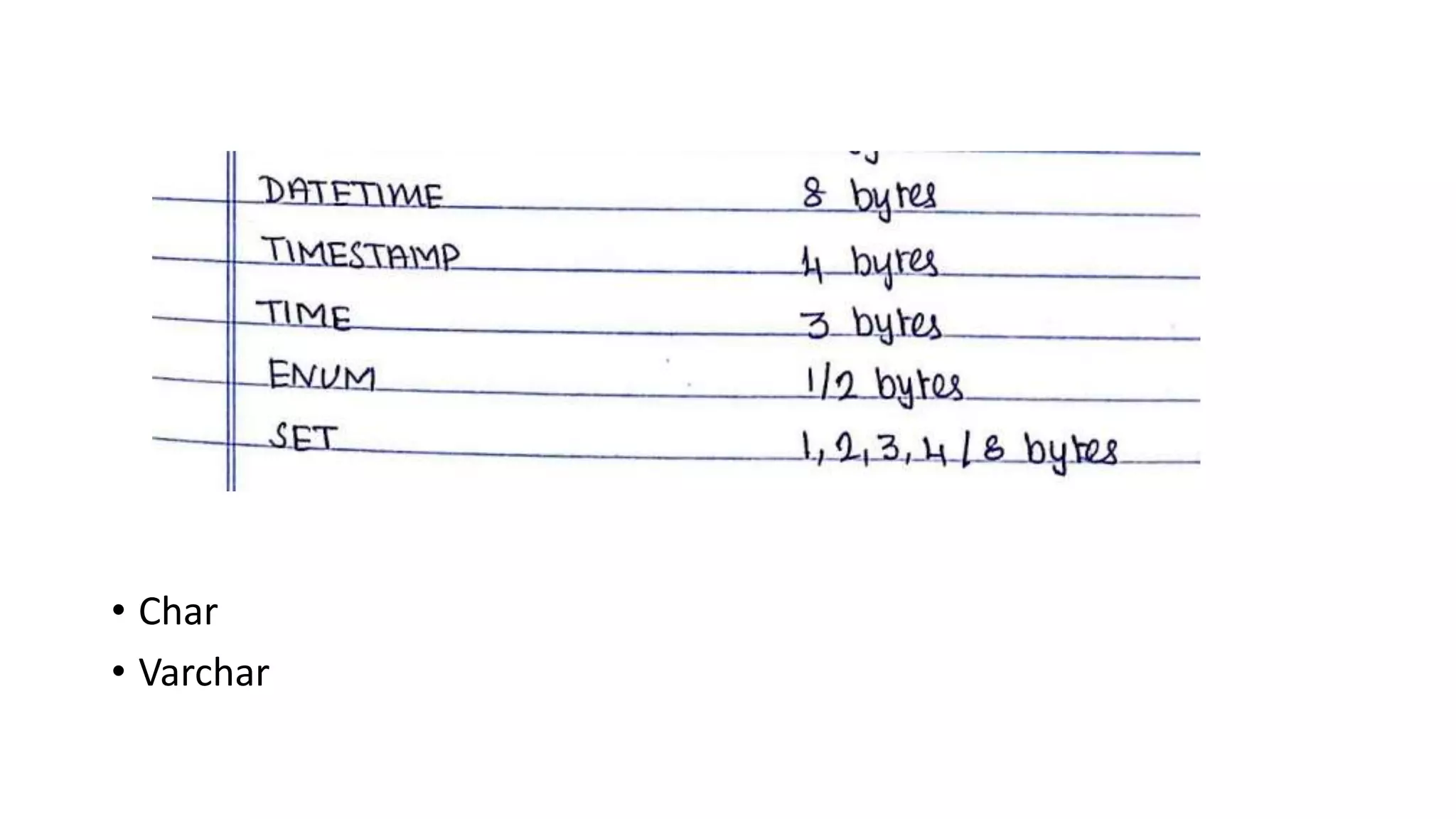 • Char
• Varchar
 