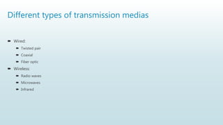 Different types of transmission medias
 Wired:
 Twisted pair
 Coaxial
 Fiber optic
 Wireless:
 Radio waves
 Microwaves
 Infrared
 