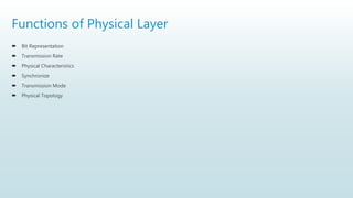 Functions of Physical Layer
 Bit Representation
 Transmission Rate
 Physical Characteristics
 Synchronize
 Transmission Mode
 Physical Topology
 