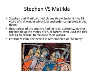 Stephen VS Matilda
• Stephen and Matilda’s rival claims threw England into 19
years of civil war, in which law and order completely broke
down.
• Great areas of the country had no royal authority, leaving
the people at the mercy of cruel barons, who used the civil
was as an excuse to terrorise their vassals.
• For this reason, the period id remembered as “Anarchy”
 