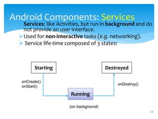 13
Android Components: Services
Services: like Activities, but run in background and do
not provide an user interface.
Used for non-interactive tasks (e.g. networking).
 Service life-time composed of 3 states:
Starting Destroyed
Running
(on background)
onCreate()
onStart()
onDestroy()
 