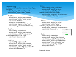 <RelativeLayout
xmlns:android="http://schemas.android.com/apk/re
s/android"
android:layout_width="match_parent"
android:layout_height="match_parent">
<TextView
android:layout_width="wrap_content"
android:layout_height="wrap_content"
android:text="SIGN IN"
android:id="@+id/textView3"
android:layout_alignParentTop="true"
android:layout_centerHorizontal="true" />
<TextView
android:id="@+id/userName"
android:layout_width="wrap_content"
android:layout_height="wrap_content"
android:layout_marginTop="110dp"
android:text="UserName:"/>
<TextView
android:id="@+id/password"
android:layout_width="wrap_content"
android:layout_height="wrap_content"
android:layout_below="@+id/userName""
android:text="Password:"/>
<EditText
android:id="@+id/edt_userName"
android:layout_width="fill_parent"
android:layout_height="40dp"
android:layout_marginTop="100dp"
android:layout_toRightOf="@+id/userName"
android:hint="User Name" />
<EditText
android:layout_width="fill_parent"
android:layout_height="40dp"
android:layout_centerVertical="true"
android:layout_toRightOf="@+id/password"
android:hint="Password" />
<Button
android:id="@+id/btnLogin"
android:layout_width="wrap_content"
android:layout_height="wrap_content"
android:layout_below="@+id/password"
android:layout_centerHorizontal="true"
android:layout_marginTop="20dp"
android:text="Login"/>
</RelativeLayout>
 