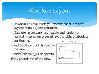  An Absolute Layout lets you specify exact locations
(x/y coordinates) of its children.
 Absolute layouts are less flexible and harder to
maintain than other types of layouts without absolute
positioning.
 android:layout_x:This specifies the x-coordinate of
the view.
 android:layout_y:This specifies
the y-coordinate of the view.
Absolute Layout
 
