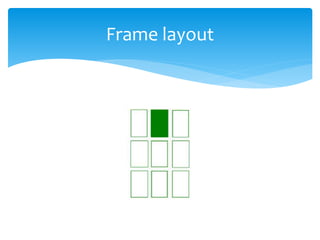  Android TableLayout going to be arranged groups of
views into rows and columns.
 We use the <TableRow> element to build...