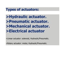 Types of actuators:
>Hydraulic actuator.
>Pneumatic actuator.
>Mechanical actuator.
>Electrical actuator
>Linear actuator: solenoid, Hydraulic/Pneumatic.
>Rotary actuator: motor, Hydraulic/Pneumatic.
 