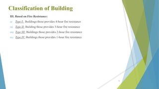 Classification of Building
III. Based on Fire Resistance:
(i) Type I: Buildings those provides 4-hour fire resistance
(ii) Type II: Building those provides 3-hour fire resistance
(iii) Type III: Buildings those provides 2-hour fire resistance
(iv) Type IV: Buildings those provides 1-hour fire resistance
12
 