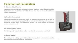 Functions of Foundation
(i) Reduction of Load Intensity:
Foundation distributes the loads of the super structure, to a larger area so that the intensity of
the load at its base (i.e. total load divided by the total area) does not exceed the safe bearing
capacity of the sub-soil.
(ii) Even Distribution of load:
Foundations distribute the non-uniform load of the super structure evenly to the sub soil. For
example, two columns carrying unequal loads can have a combined footing which may transmit
the load to sub soil evenly with uniform soil pressure. Due to this, unequal or differential
settlements are minimized.
(iii) Provision of Level Surface:
Foundation provide leveled and hard surface over which the super structure can be built.
(iv) Lateral Stability:
The stability of the building, against sliding and overturning, due to horizontal forces (such as
wind, earthquake etc.) is increased due to foundations. 23
 