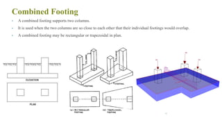 Combined Footing
• A combined footing supports two columns.
• It is used when the two columns are so close to each other that their individual footings would overlap.
• A combined footing may be rectangular or trapezoidal in plan.
31
 