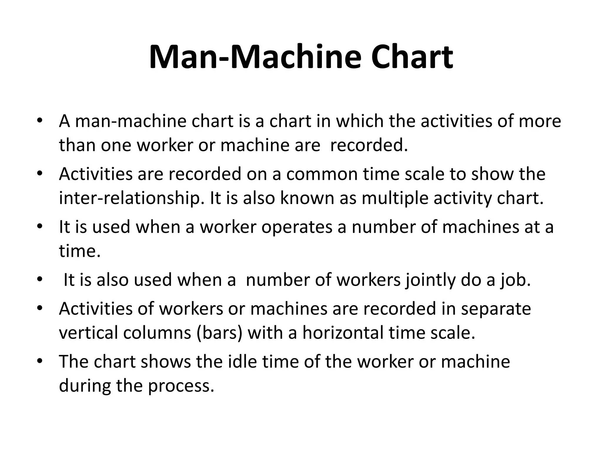 Man-Machine Chart
• A man-machine chart is a chart in which the activities of more
than one worker or machine are recorded.
• Activities are recorded on a common time scale to show the
inter-relationship. It is also known as multiple activity chart.
• It is used when a worker operates a number of machines at a
time.
• It is also used when a number of workers jointly do a job.
• Activities of workers or machines are recorded in separate
vertical columns (bars) with a horizontal time scale.
• The chart shows the idle time of the worker or machine
during the process.
 