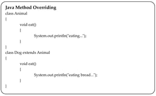 Java Method Overriding
class Animal
{
void eat()
{
System.out.println("eating...");
}
}
class Dog extends Animal
{
void eat()
{
System.out.println("eating bread...");
}
}
 