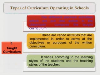 The different planned activities
which are put into action in the
classroom compose the taught
curriculum.
These are varied activities that are
implemented in order to arrive at the
objectives or purposes of the written
curriculum.
It varies according to the learning
styles of the students and the teaching
styles of the teacher.
3.
Taught
Curriculum
 
