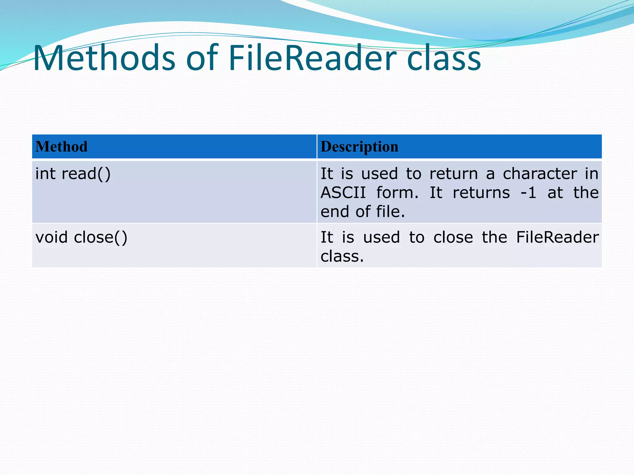 Methods of FileReader class
Method Description
int read() It is used to return a character in
ASCII form. It returns -1 at the
end of file.
void close() It is used to close the FileReader
class.
 