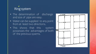z
Ring system
• The determination of discharge
and size of pipe are easy.
• Water can be supplied to any point
from at least two directions.
• This shows that this system
possesses the advantages of both
of the previous sysems.
 