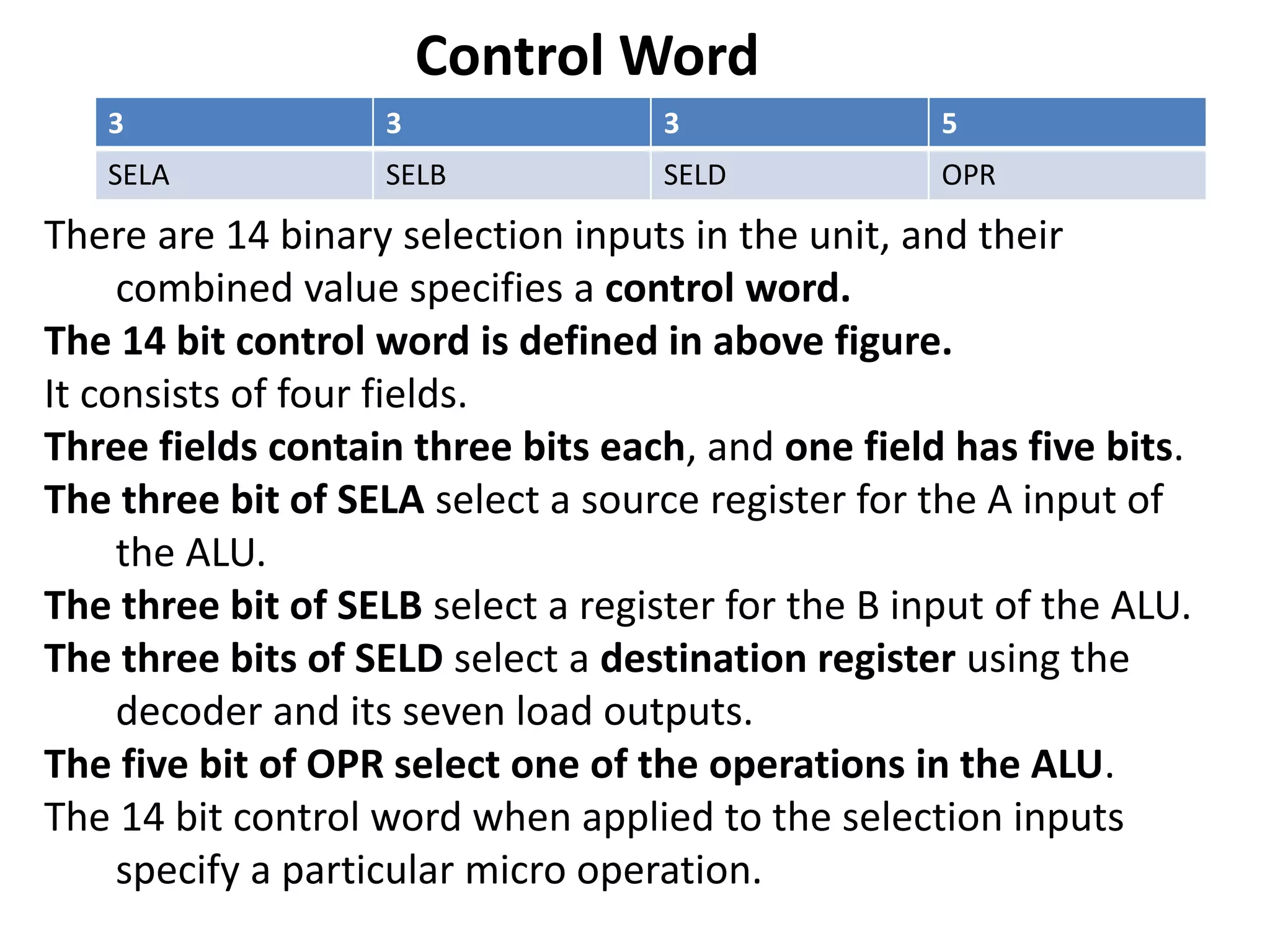 3 3 3 5
SELA SELB SELD OPR
Control Word
There are 14 binary selection inputs in the unit, and their
combined value specifies a control word.
The 14 bit control word is defined in above figure.
It consists of four fields.
Three fields contain three bits each, and one field has five bits.
The three bit of SELA select a source register for the A input of
the ALU.
The three bit of SELB select a register for the B input of the ALU.
The three bits of SELD select a destination register using the
decoder and its seven load outputs.
The five bit of OPR select one of the operations in the ALU.
The 14 bit control word when applied to the selection inputs
specify a particular micro operation.
 