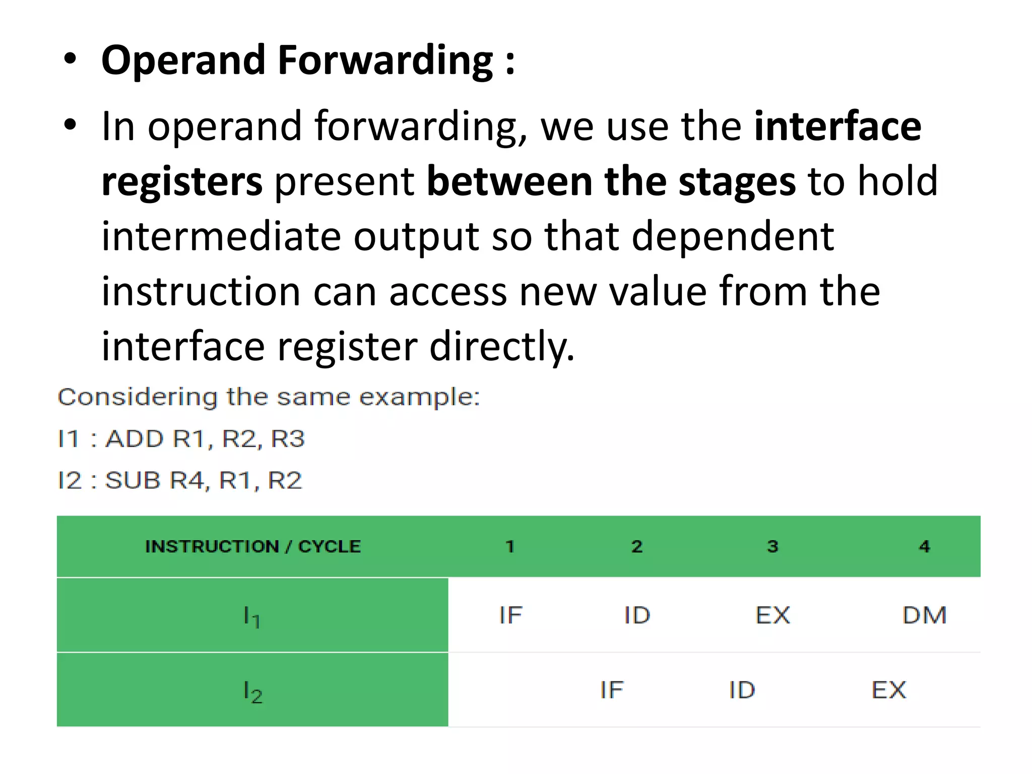 • Operand Forwarding :
• In operand forwarding, we use the interface
registers present between the stages to hold
intermediate output so that dependent
instruction can access new value from the
interface register directly.
 