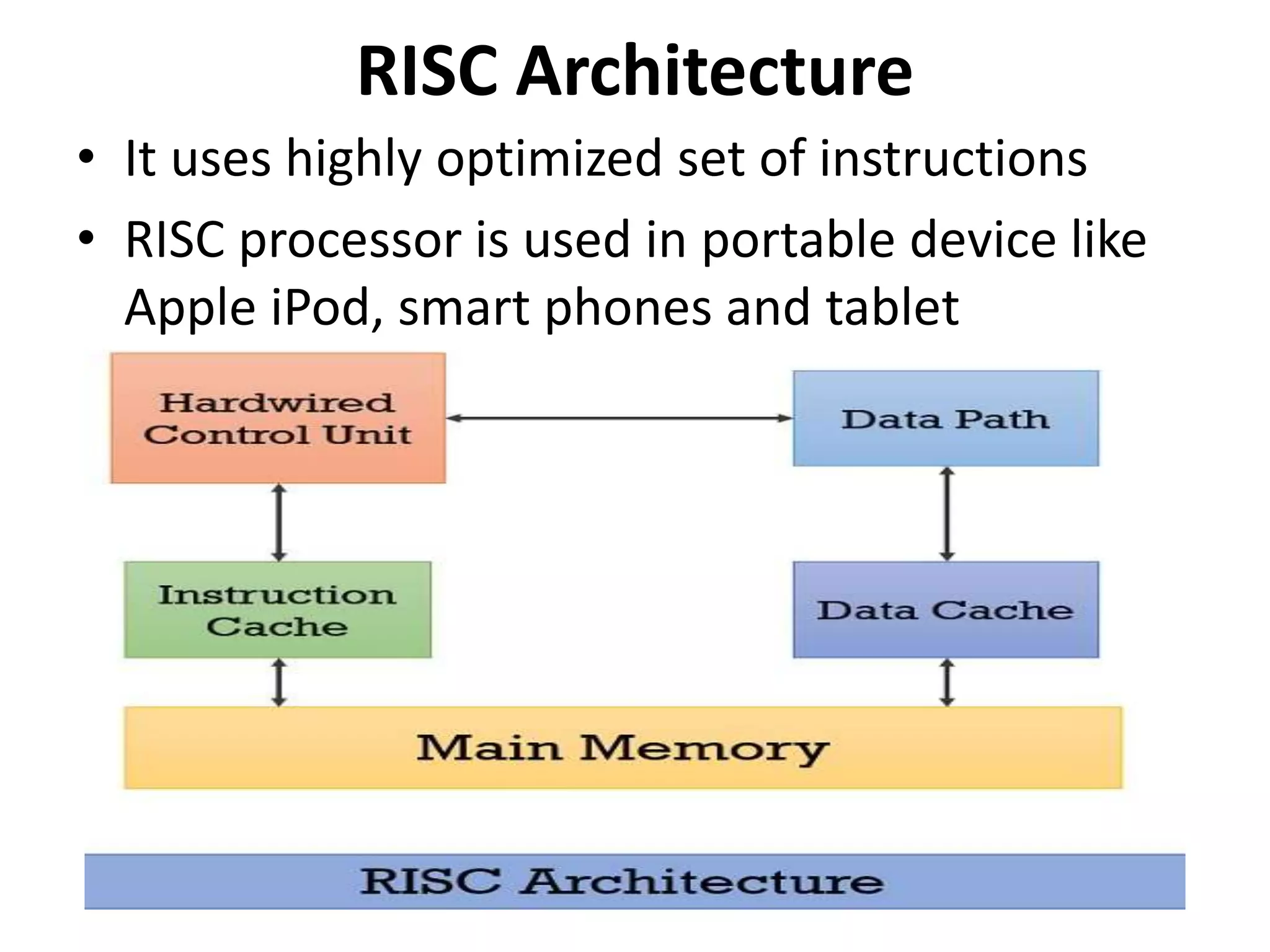 RISC Architecture
• It uses highly optimized set of instructions
• RISC processor is used in portable device like
Apple iPod, smart phones and tablet
 