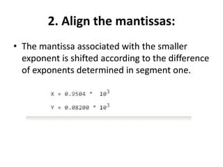 2. Align the mantissas:
• The mantissa associated with the smaller
exponent is shifted according to the difference
of exponents determined in segment one.
 