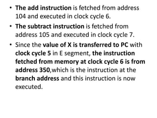 • The add instruction is fetched from address
104 and executed in clock cycle 6.
• The subtract instruction is fetched from
address 105 and executed in clock cycle 7.
• Since the value of X is transferred to PC with
clock cycle 5 in E segment, the instruction
fetched from memory at clock cycle 6 is from
address 350,which is the instruction at the
branch address and this instruction is now
executed.
 