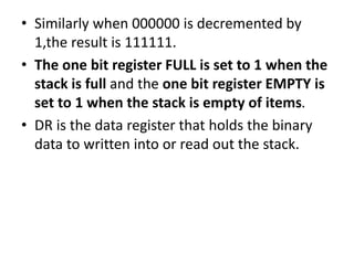 • Similarly when 000000 is decremented by
1,the result is 111111.
• The one bit register FULL is set to 1 when the
stack is full and the one bit register EMPTY is
set to 1 when the stack is empty of items.
• DR is the data register that holds the binary
data to written into or read out the stack.
 