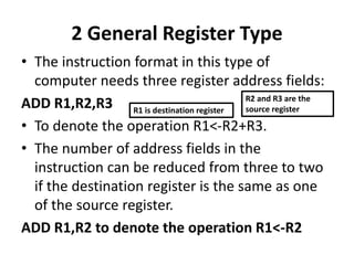 2 General Register Type
• The instruction format in this type of
computer needs three register address fields:
ADD R1,R2,R3
• To denote the operation R1<-R2+R3.
• The number of address fields in the
instruction can be reduced from three to two
if the destination register is the same as one
of the source register.
ADD R1,R2 to denote the operation R1<-R2
R1 is destination register
R2 and R3 are the
source register
 