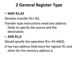 2 General Register Type
• MOV R1,R2
Denotes transfer R1<-R2.
Transfer type instructions need two address
fields to specify the source and the
destination.
• ADD R1,X
Would specify the operation R1<-R1+M[X].
It has two address field store for register R1 and
other for the memory address X.
 