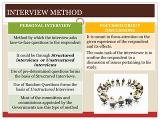 INTERVIEW METHOD
PERSONAL INTERVIEW
Method by which the interview asks
face-to-face questions to the respondent
It could be through Structured
interviews or Unstructured
interviews
Use of pre-determined questions forms
the basis of Structured Interviews.
Use of Random Questions forms the
basis of Unstructured Interviews
Most of the committees and
commissions appointed by the
Governments use this type of method
FOCUSSED GROUP
DISCUSSIONS
It is meant to focus attention on the
given experience of the respondent
and its effects.
The main task of the interviewer is to
confine the respondent to a
discussion of issues pertaining to his
study.
 
