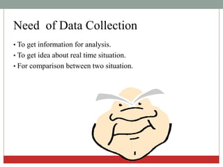 Need of Data Collection
• To get information for analysis.
• To get idea about real time situation.
• For comparison between two situation.
 