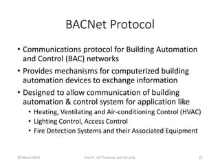BACNet Protocol
• Communications protocol for Building Automation
and Control (BAC) networks
• Provides mechanisms for com...
