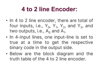 4 to 2 line Encoder:
• In 4 to 2 line encoder, there are total of
four inputs, i.e., Y0, Y1, Y2, and Y3, and
two outputs, i.e., A0 and A1.
• In 4-input lines, one input-line is set to
true at a time to get the respective
binary code in the output side.
• Below are the block diagram and the
truth table of the 4 to 2 line encoder.
 