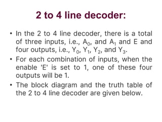 2 to 4 line decoder:
• In the 2 to 4 line decoder, there is a total
of three inputs, i.e., A0, and A1 and E and
four outputs, i.e., Y0, Y1, Y2, and Y3.
• For each combination of inputs, when the
enable 'E' is set to 1, one of these four
outputs will be 1.
• The block diagram and the truth table of
the 2 to 4 line decoder are given below.
 