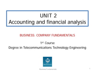 UNIT 2
Accounting and financial analysis
BUSINESS: COMPANY FUNDAMENTALS
1st Course
Degree in Telecommunications Technology Engineering
Business Fundamentals 1
 